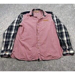 Shirt Womens Button Mixed Media Blouse Top Plaid Patchwork Blue Green Sz XXL